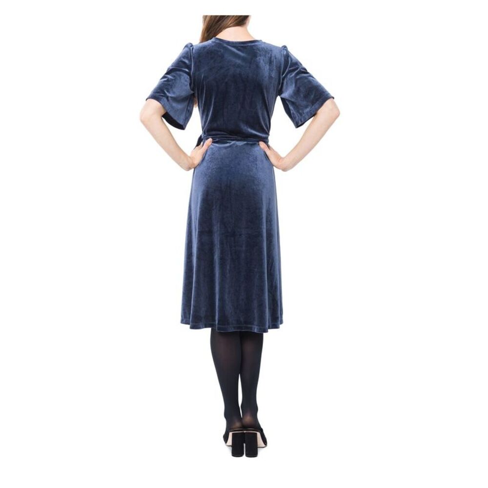 NOM Womens Blue Velvet Short Sleeve Knee Length Wrap Dress Size: L - Picture 2 of 2